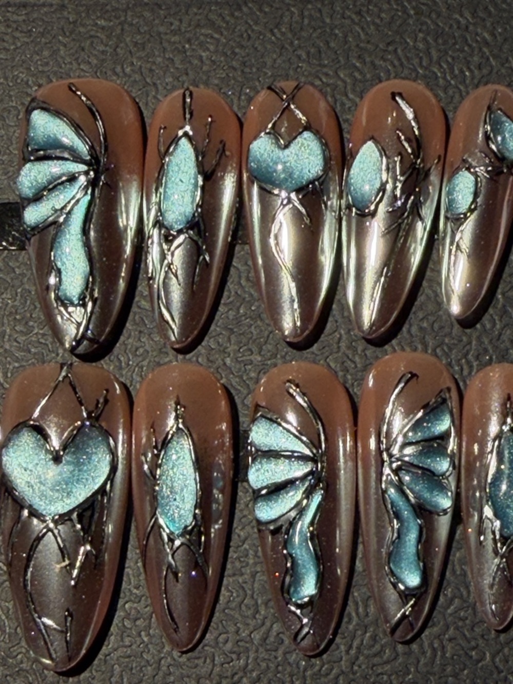 Handcrafted Brown and Teal Accent Press-On Nail Set - Women Accessories